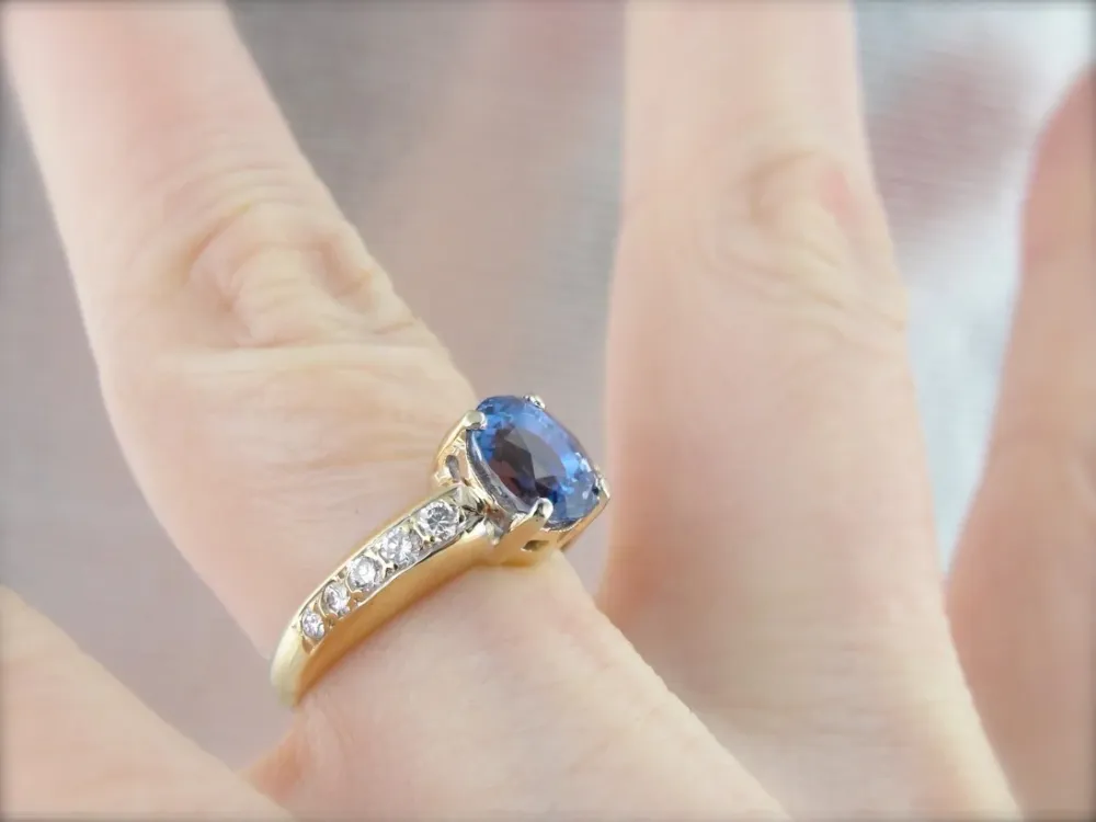 Industrieel Zwaar Belast Periwinkle Zeeblauw Sapphire Engagement Ring Diamond Accented Shoulders