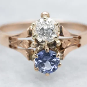 Industrieel Zwaar Belast Victorian Old Mine Cut Diamond and Sapphire Ring