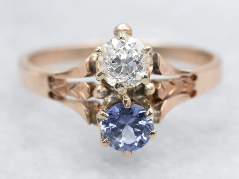 Industrieel Zwaar Belast Victorian Old Mine Cut Diamond and Sapphire Ring