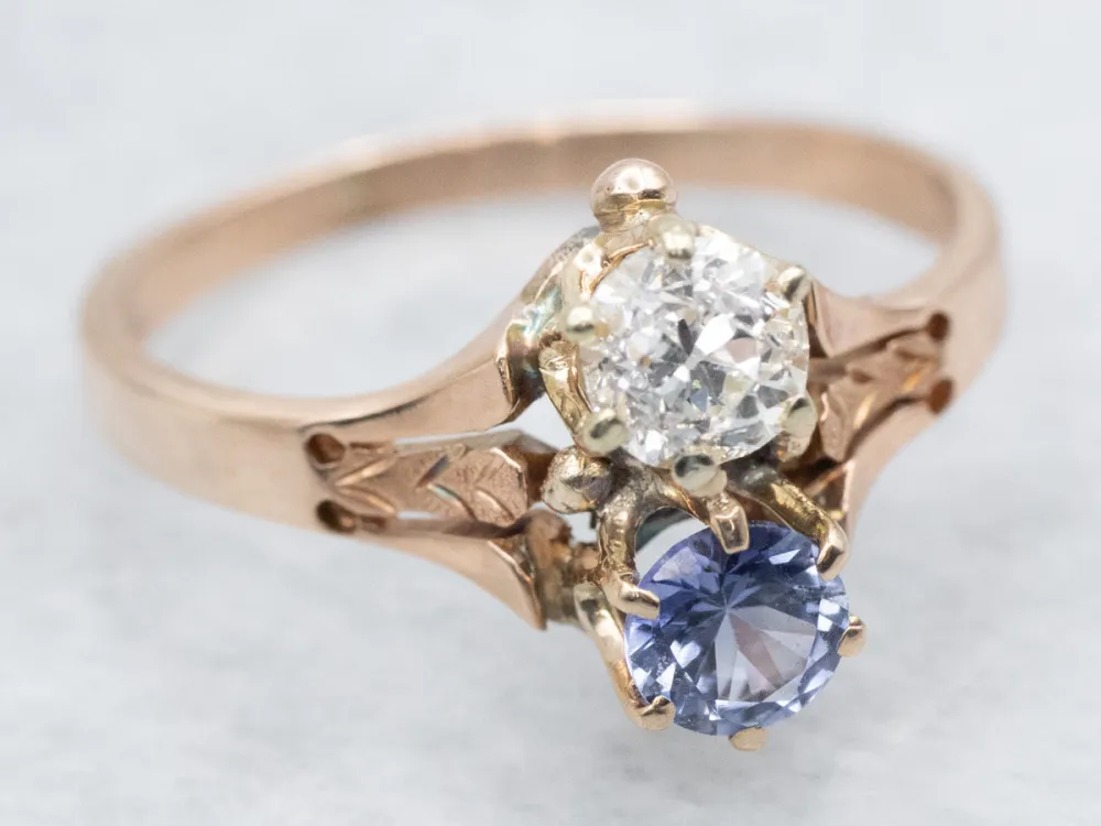 Industrieel Zwaar Belast Victorian Old Mine Cut Diamond and Sapphire Ring