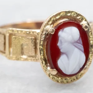 Industrieel Zwaar Belast Victorian Sardonyx Cameo Greek-Key Pattern Ring