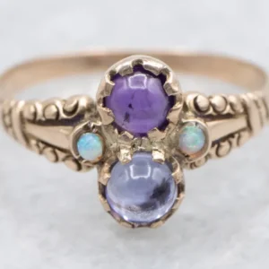 Iolite Amethyst and Opal Rose Goud Victorian Ring