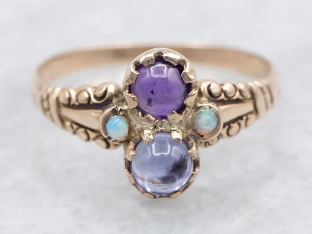 Iolite Amethyst and Opal Rose Goud Victorian Ring