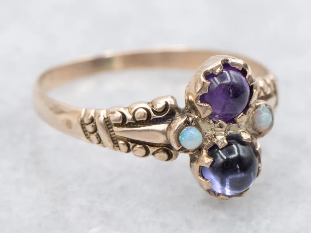 Iolite Amethyst and Opal Rose Goud Victorian Ring