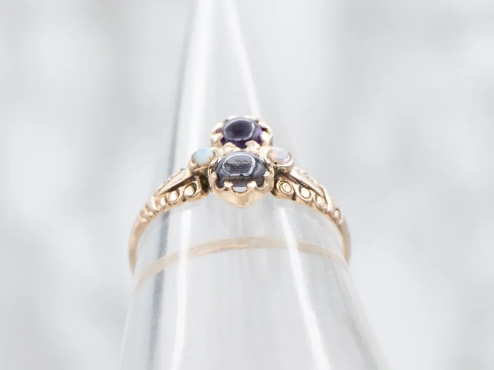 Iolite Amethyst and Opal Rose Goud Victorian Ring