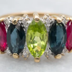 Marquise Peridot Sapphire Ruby and Diamond Statement Ring