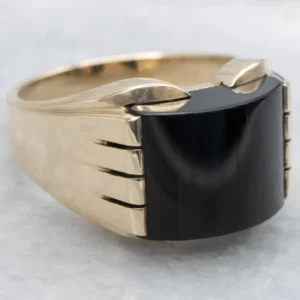Men's Black Onyx Yellow Gold Grooved Statement Ring