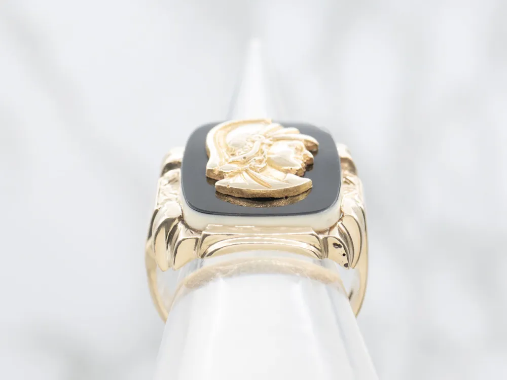 Men's Mid-Century Onyx Roman Solider Gouden Cameo Ring