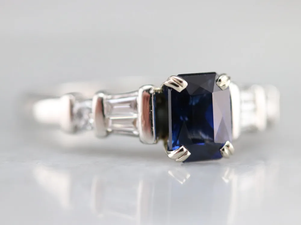 Modern Platinum Sapphire and Diamond Engagement Ring