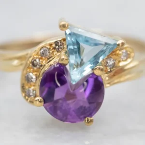 Modernist Amethyst Zeeblauw Topaz and Diamond Ring met CE-Keurmerk