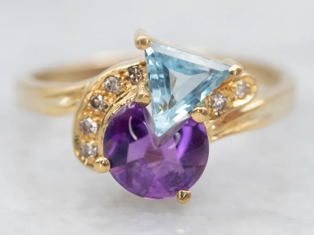 Modernist Amethyst Zeeblauw Topaz and Diamond Ring met CE-Keurmerk