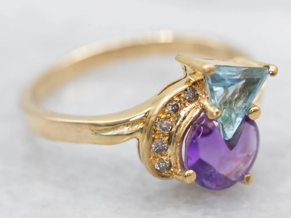 Modernist Amethyst Zeeblauw Topaz and Diamond Ring met CE-Keurmerk