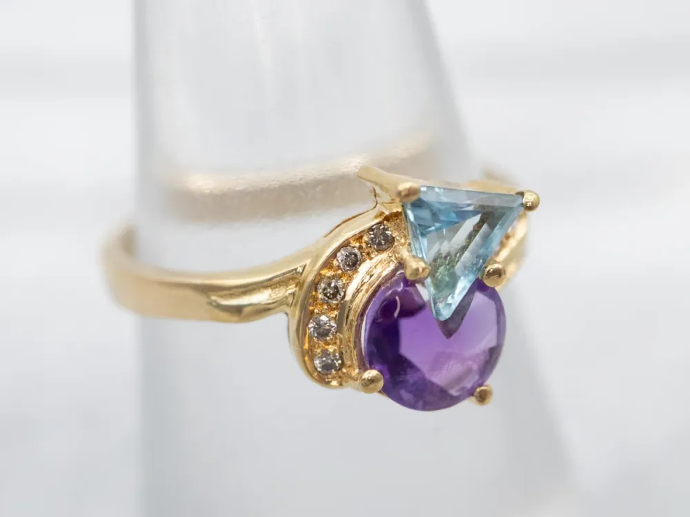 Modernist Amethyst Zeeblauw Topaz and Diamond Ring met CE-Keurmerk