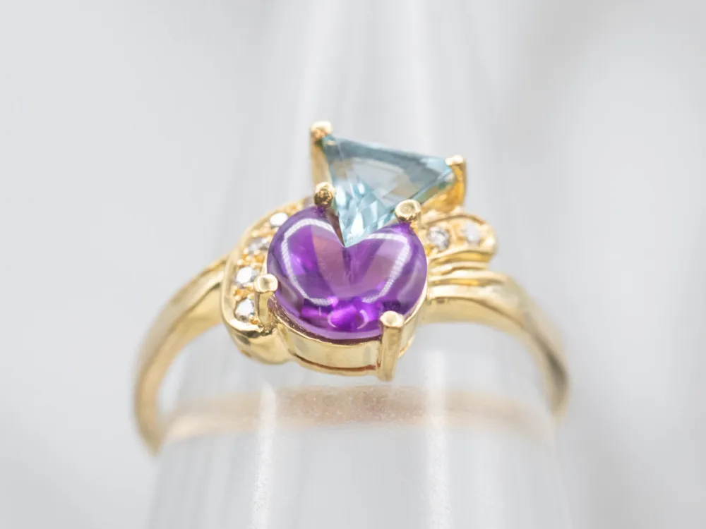 Modernist Amethyst Zeeblauw Topaz and Diamond Ring met CE-Keurmerk