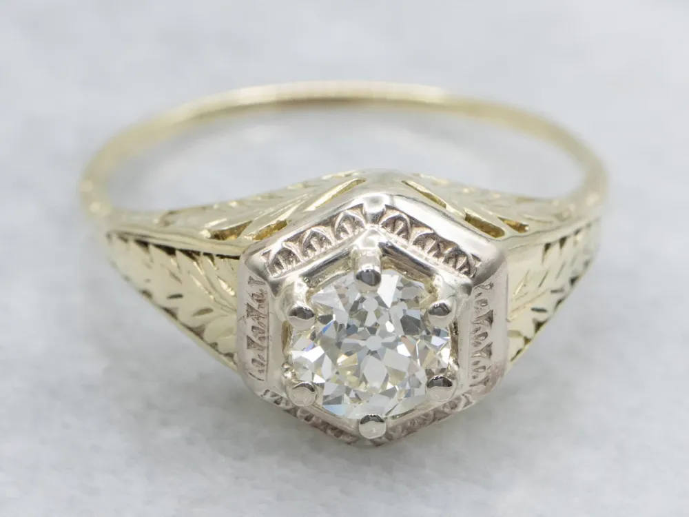 Old European Cut Diamond Art Nouveau Era Botanical Solitaire Ring - DIN Norm