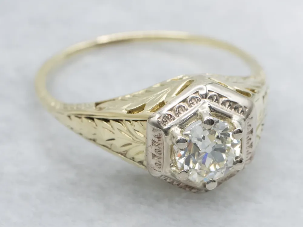 Old European Cut Diamond Art Nouveau Era Botanical Solitaire Ring - DIN Norm