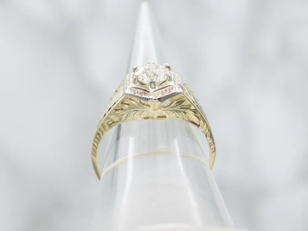 Old European Cut Diamond Art Nouveau Era Botanical Solitaire Ring - DIN Norm