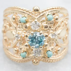 Ornate Blue Zircon Zeeblauwgroen and Diamond Statement Ring - DIN Norm