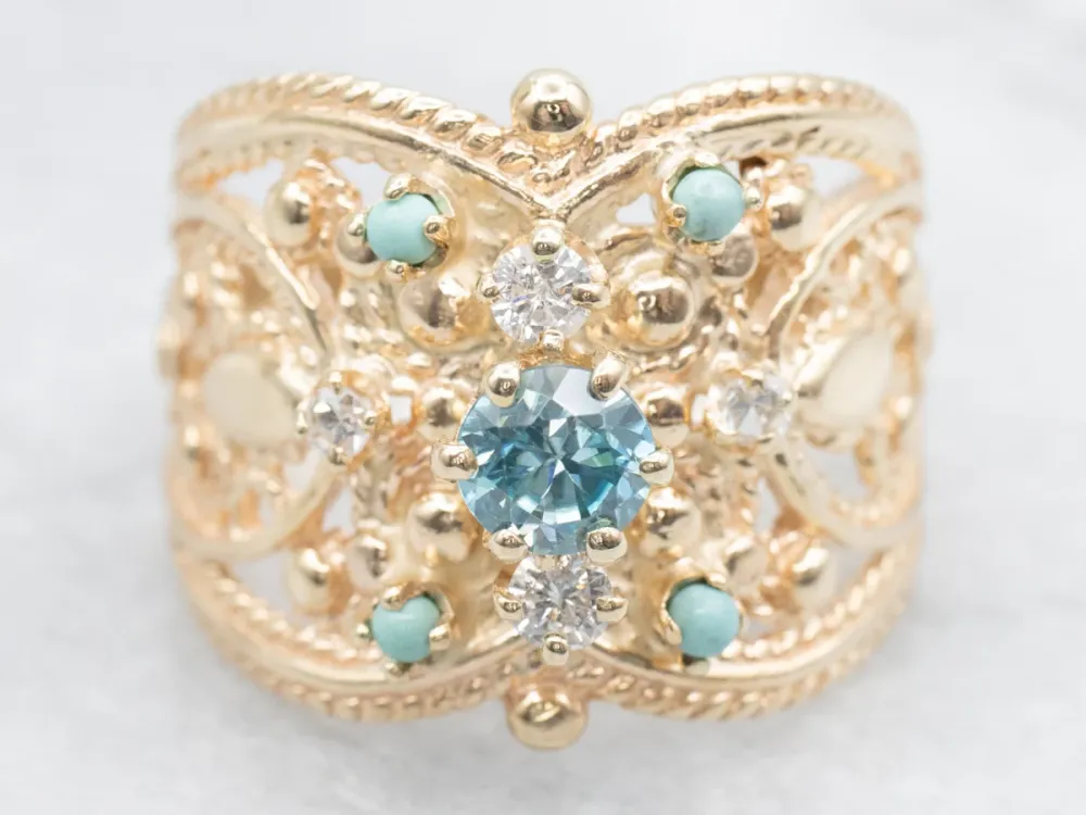 Ornate Blue Zircon Zeeblauwgroen and Diamond Statement Ring - DIN Norm