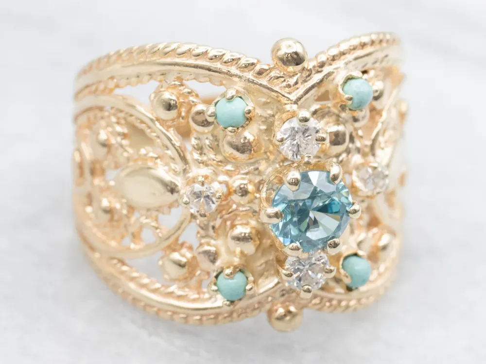 Ornate Blue Zircon Zeeblauwgroen and Diamond Statement Ring - DIN Norm