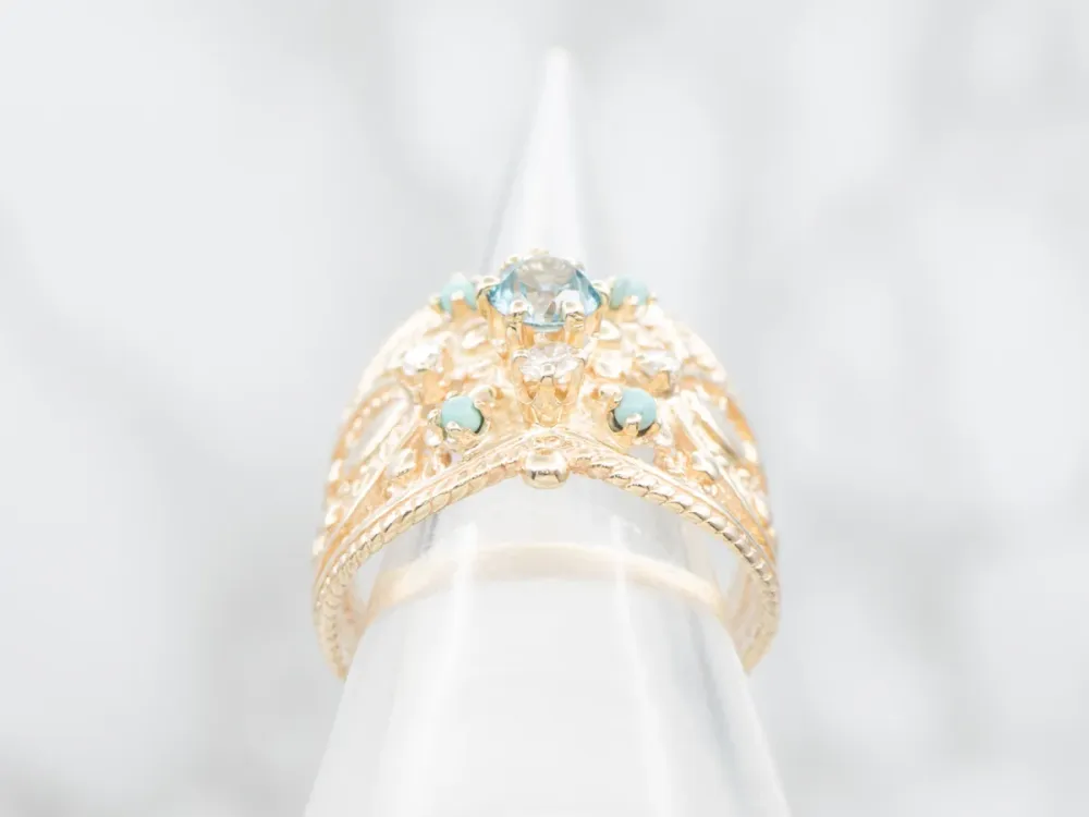 Ornate Blue Zircon Zeeblauwgroen and Diamond Statement Ring - DIN Norm