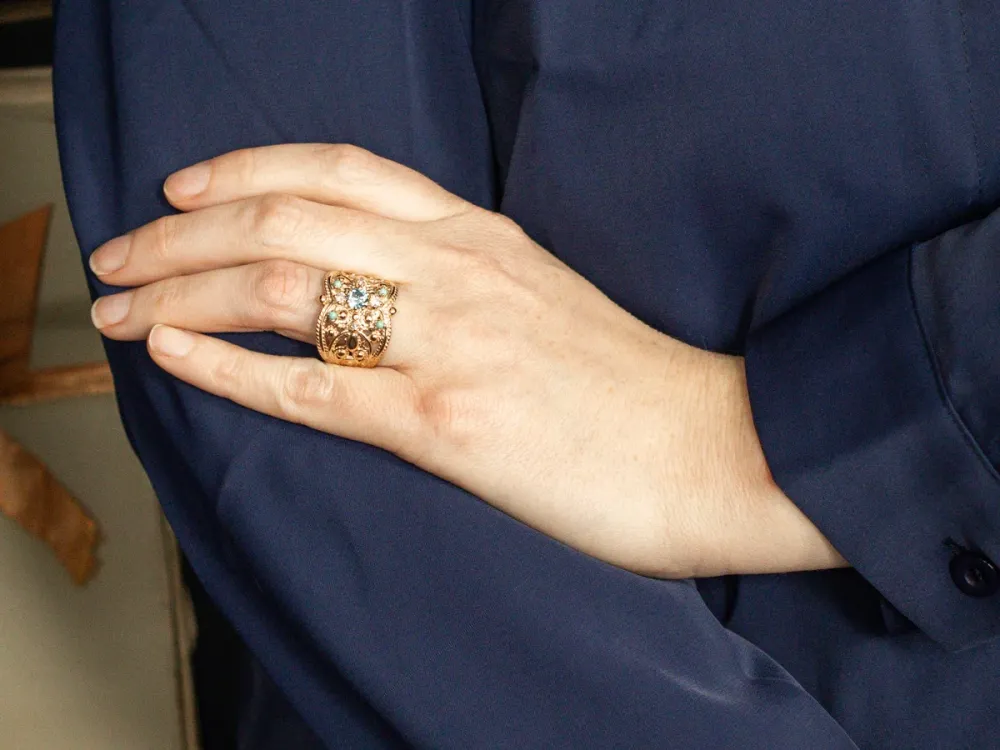 Ornate Blue Zircon Zeeblauwgroen and Diamond Statement Ring - DIN Norm