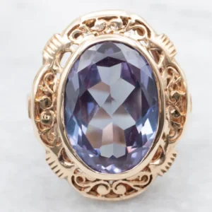 Ornate Gold Filigree Ring Synthetic Alexandrite Center