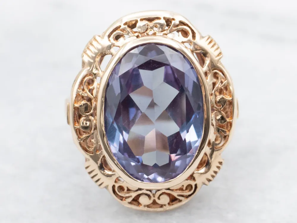 Ornate Gold Filigree Ring Synthetic Alexandrite Center