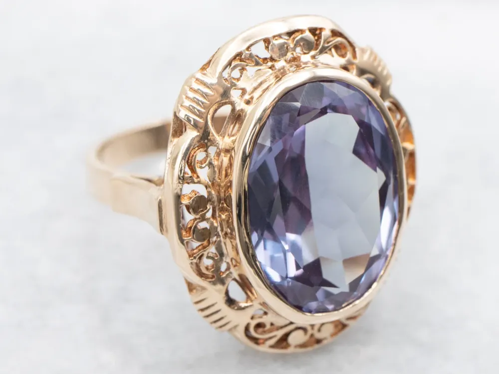 Ornate Gold Filigree Ring Synthetic Alexandrite Center