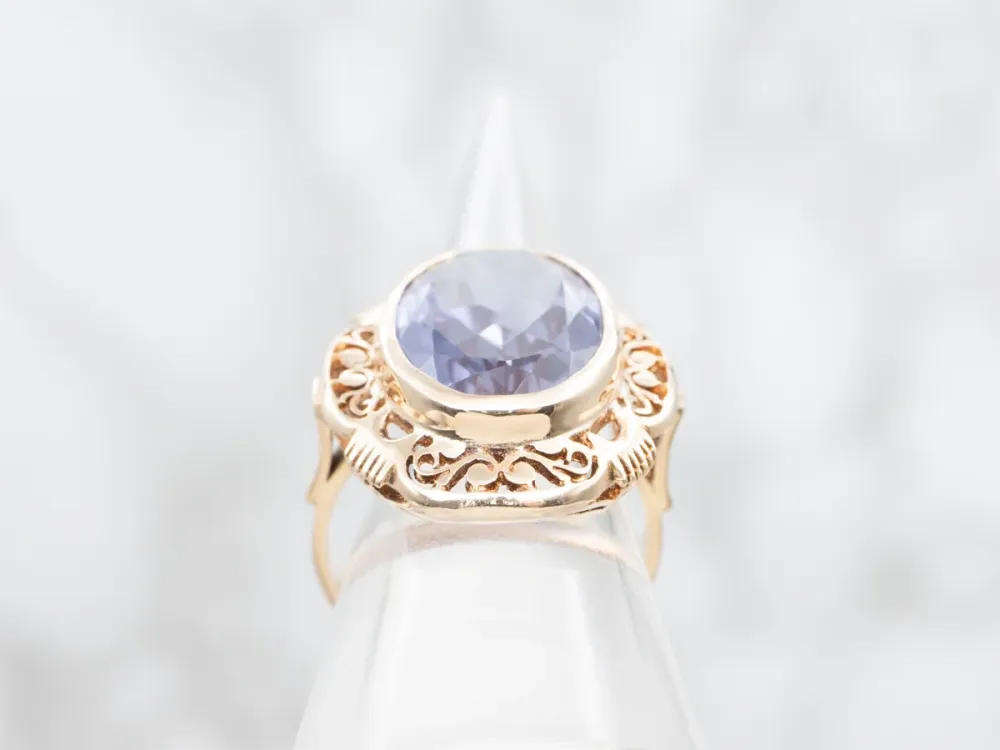 Ornate Gold Filigree Ring Synthetic Alexandrite Center