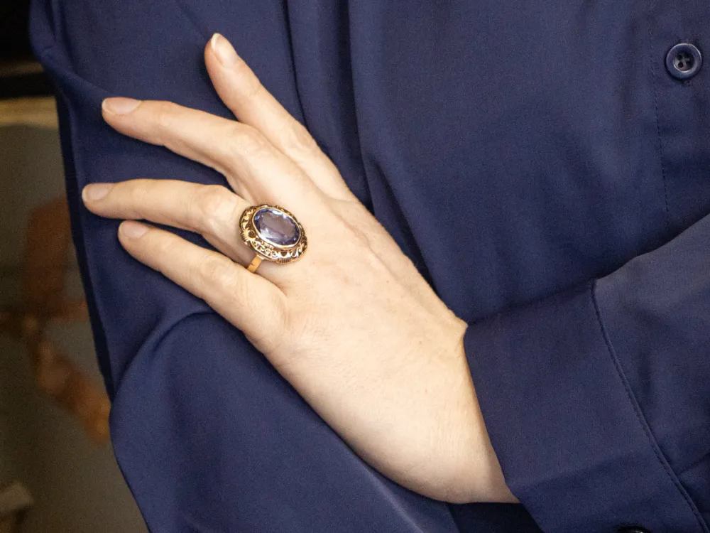 Ornate Gold Filigree Ring Synthetic Alexandrite Center