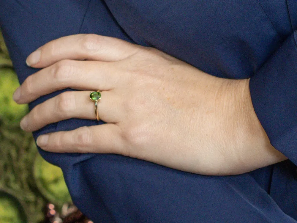 Oval Cut Green Tourmaline Yellow Gold Solitaire Ring