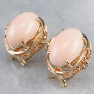 Pink Coral Rose Gold Filigree Statement Earrings