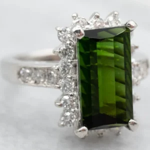 Platinum Green Tourmaline and Diamond Halo Ring