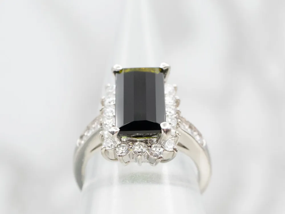 Platinum Green Tourmaline and Diamond Halo Ring