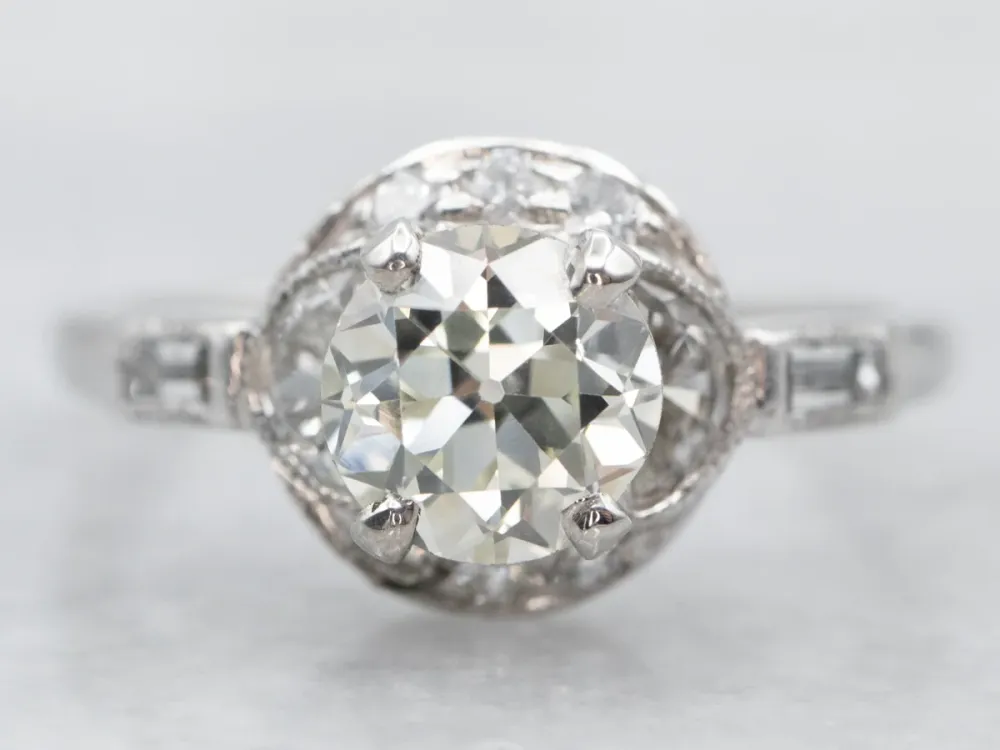 Platinum Old Mine Cut Diamond Engagement Ring Diamond Accents