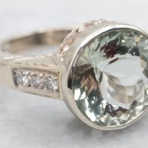 Prasiolite Quartz and Diamond Ring Floral Shoulders