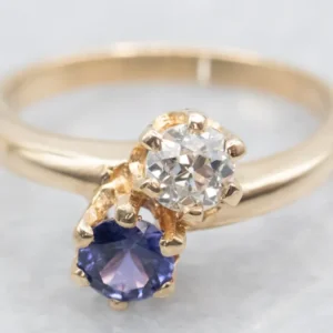 Purple Sapphire and Old Mine Cut Diamond Toi et Moi Ring