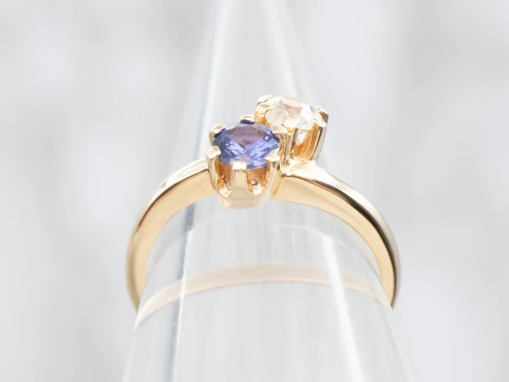Purple Sapphire and Old Mine Cut Diamond Toi et Moi Ring