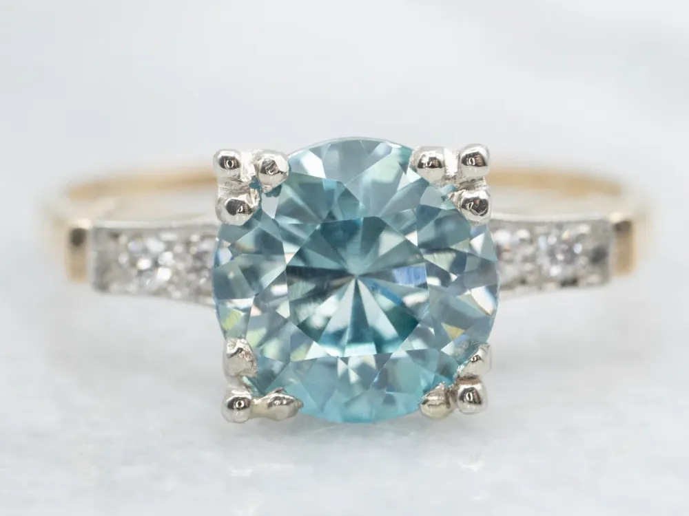 Retro 1950s Blue Zircon and Diamond Ring
