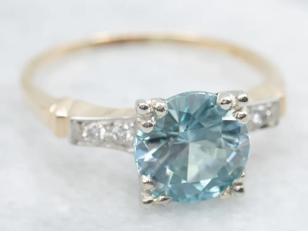 Retro 1950s Blue Zircon and Diamond Ring