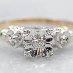 Retro Diamond Engagement Ring Hearts on Shoulders