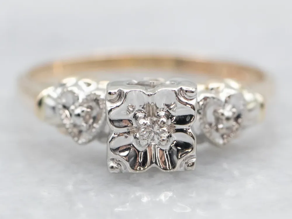 Retro Diamond Engagement Ring Hearts on Shoulders