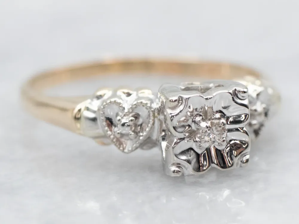 Retro Diamond Engagement Ring Hearts on Shoulders