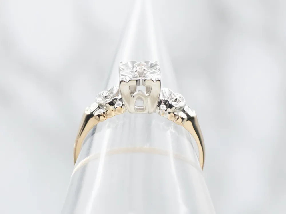 Retro Diamond Engagement Ring Hearts on Shoulders