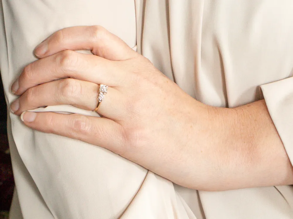 Retro Diamond Engagement Ring Hearts on Shoulders
