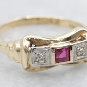 Retro Era Synthetic Ruby and Diamond Ring