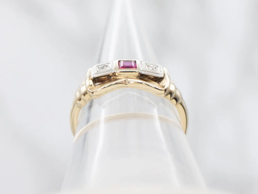 Retro Era Synthetic Ruby and Diamond Ring