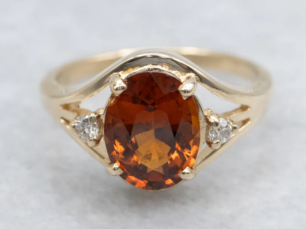 Retro Oval-Cut Hessonite Garnet and Diamond Ring