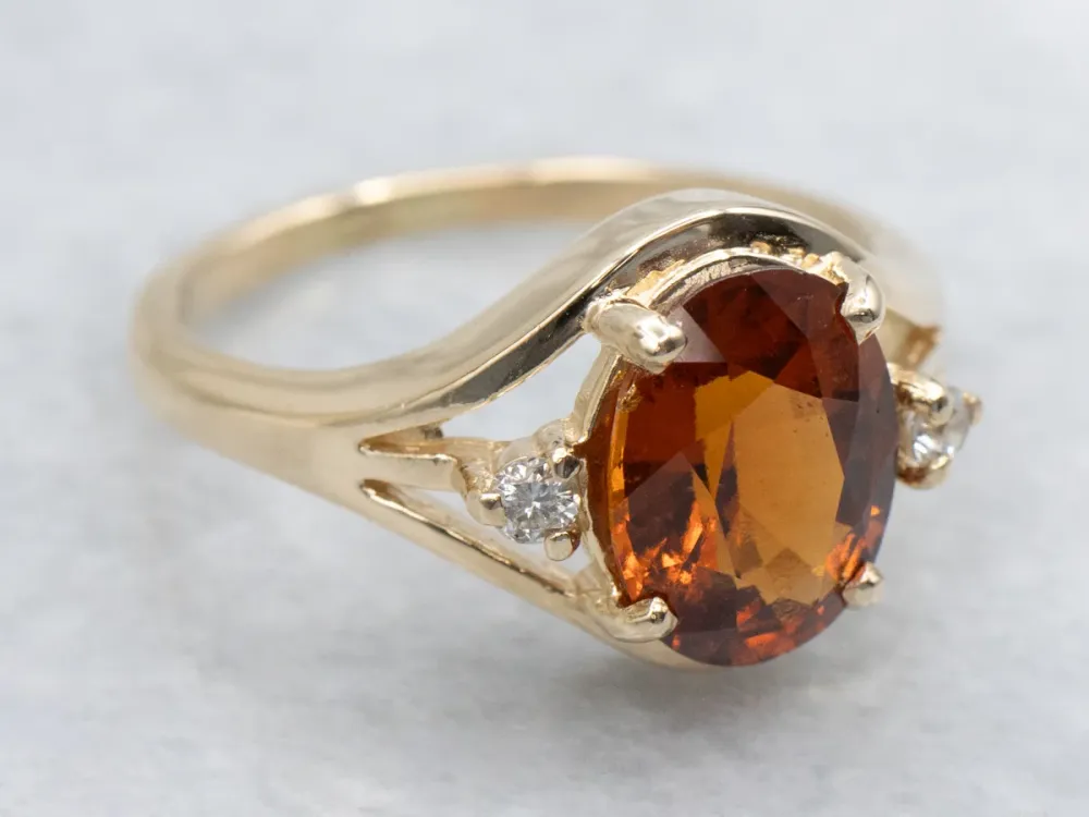 Retro Oval-Cut Hessonite Garnet and Diamond Ring
